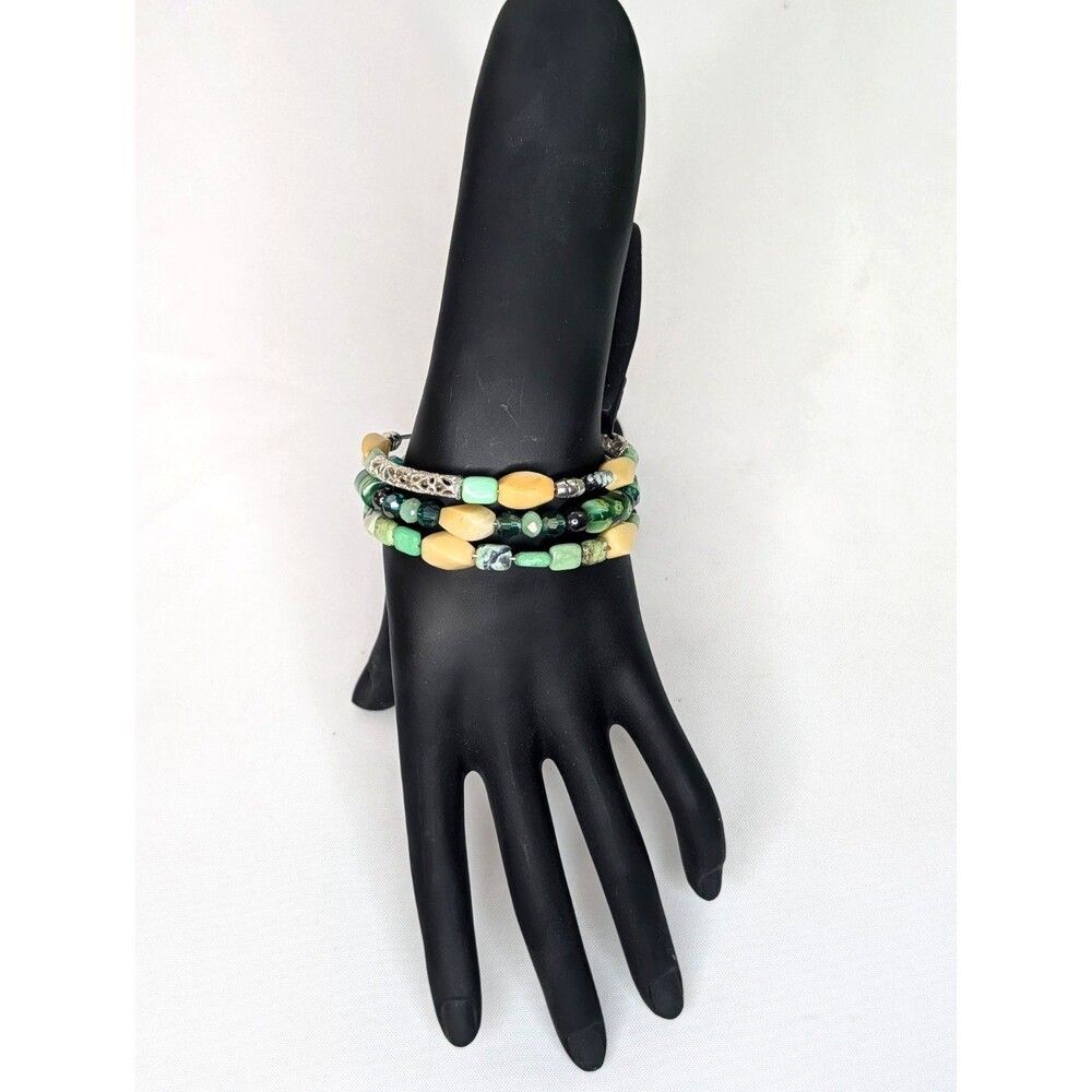 Adjustable Bracelets - 3 Coils, Yellow Jade, Green Glass Beads, Handmade, New